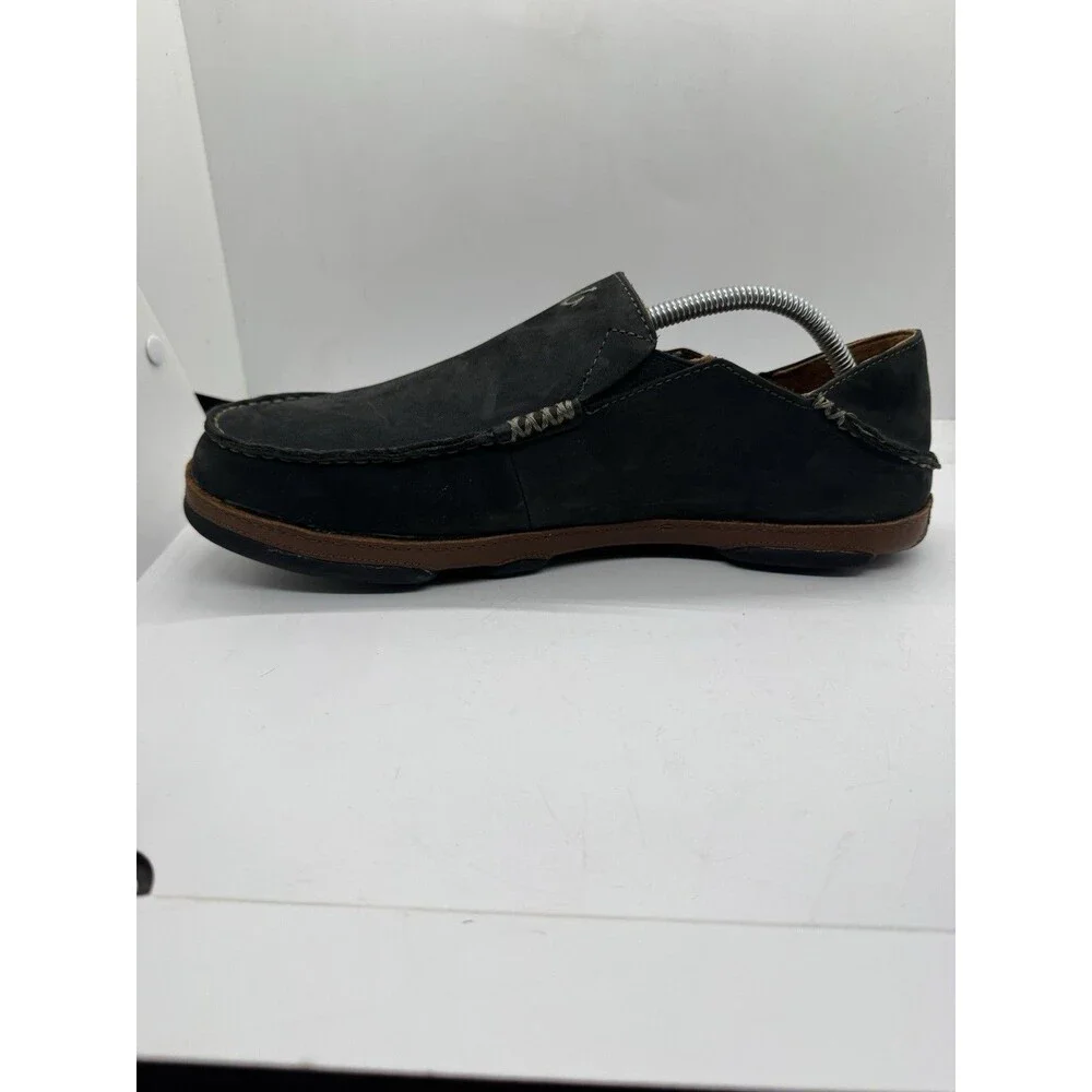 OLUKAI Moloa Leather Nubuck Mens Size 10.5 Black Slip On Shoes 10128 4033